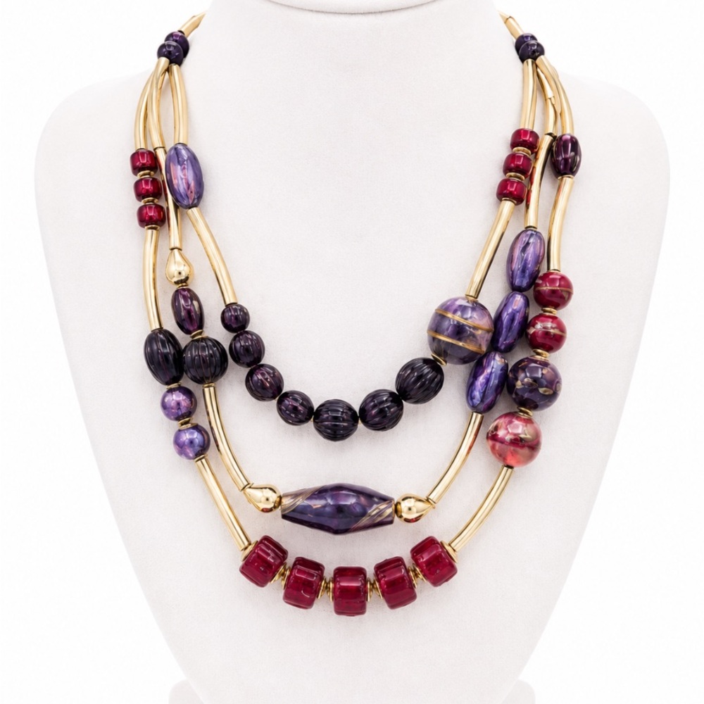 CHICO’s Statement Necklace Gold Tone Chunky Beaded 3 Strand Boho Red Black Blue